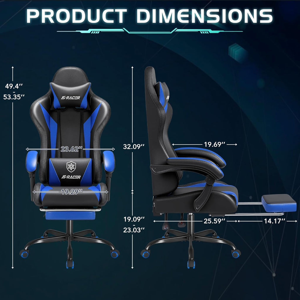Homall Gaming Chair with Massage & Footrest, Ergonomic Computer Office Chair, High-Back Racing Style Reclining Chair with Adjustable Lumbar Support, PU Leather for Adults (Blue)