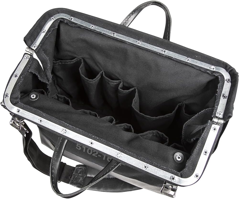 Klein Tools 510216SPBLK Tool Bag, Large 16-Inch Deluxe Canvas Tool Bag and Organizer with 13 Pockets and Shoulder Strap, Black