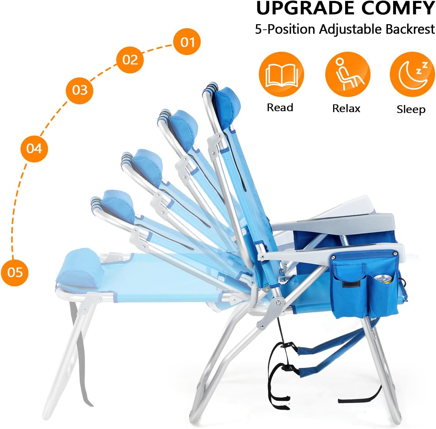VINGLI Tall Beach Chair 2 Pack Lightweight, Backpack Beach Chair for Adults with 5-Position, Cooler Bag, Cup Holders, Towel Bar, Folding Beach Camping Chairs（16“-Blue）