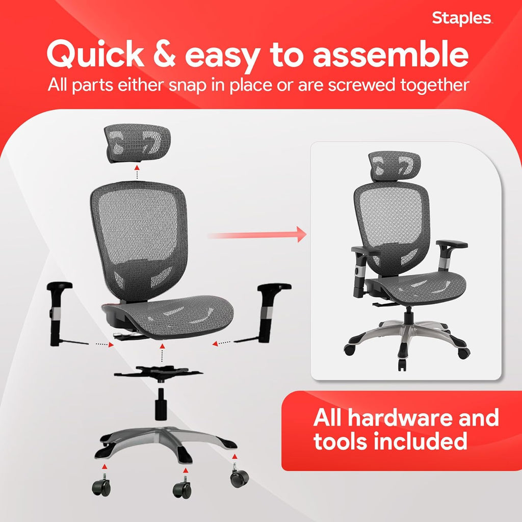 STAPLES Ergonomic Task Chair, Mesh, Ergonomic, Lumbar Support, Swivel, Gray