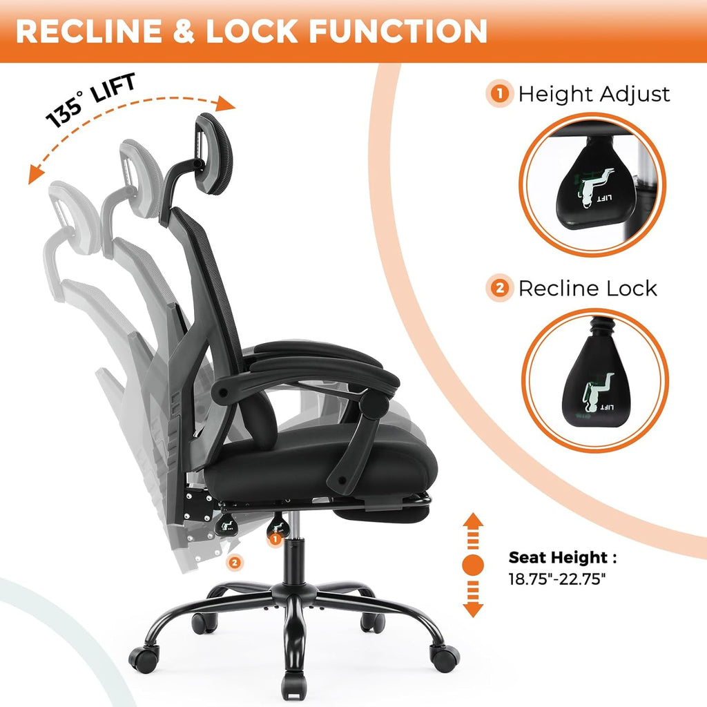 Sweetcrispy Office Computer Desk Chair, Ergonomic High-Back Mesh Rolling Work Swivel Chairs with Wheels, Comfortable Lumbar Support, Comfy Arms for Home, Bedroom, Study, Student, Black