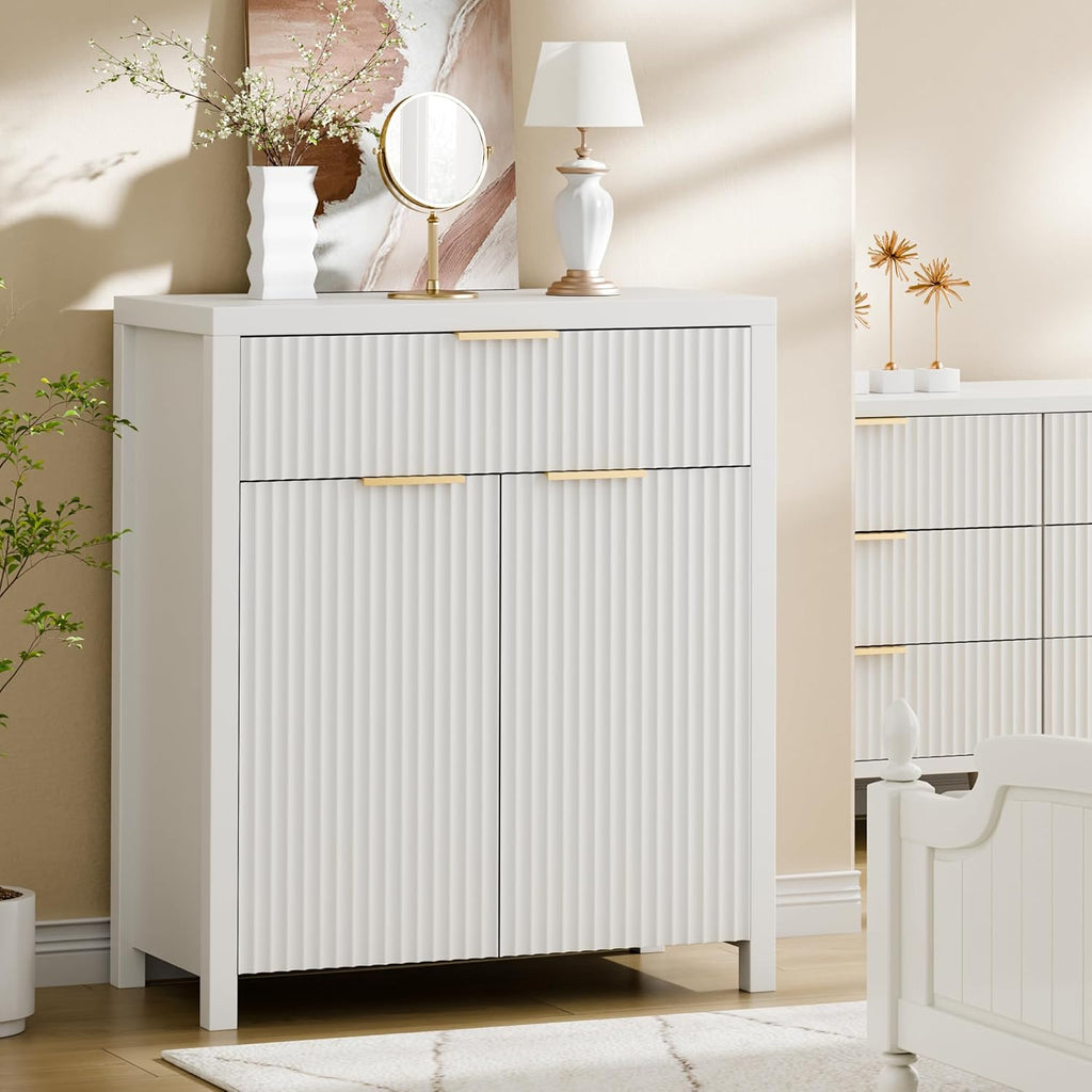 Lulive White Fluted Storage Cabinet with Drawers Buffet Sideboard Cabinet with Adjustable Shelves for Kitchen Living Room, Kitchen, Entryway