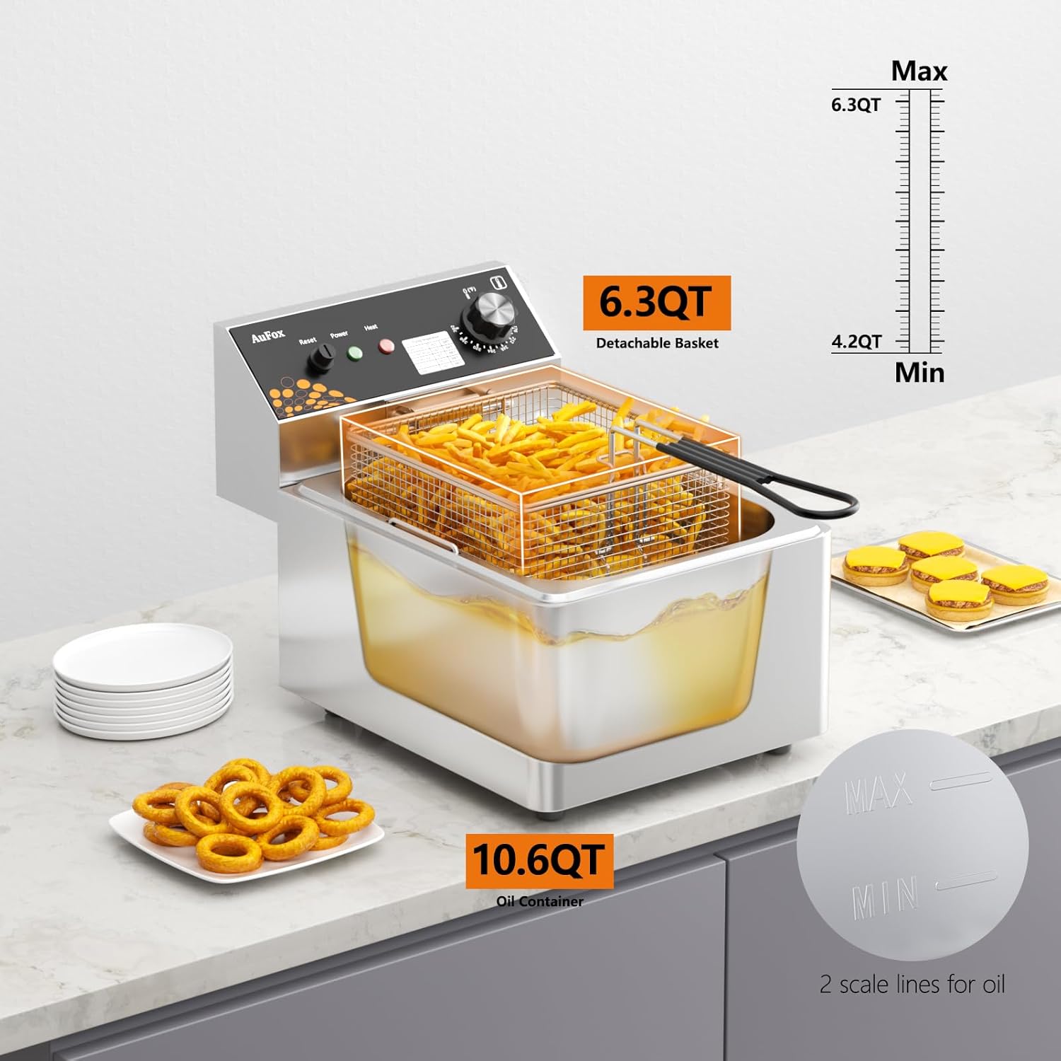 Commercial Deep Fryer 10.56Qt Countertop Fryers 1.0mm Thickened Stainless Steel 1700W Electric Immersion Deep Fryer with Basket Adjustable Temperature for Home Kitchen Restaurant