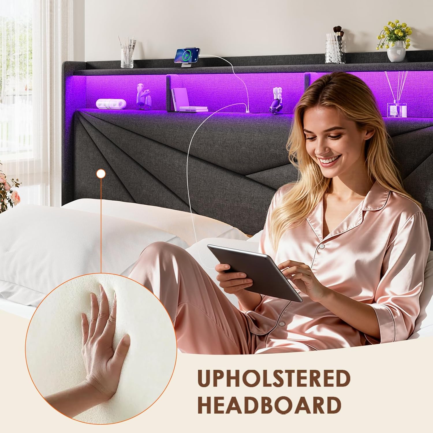 Queen Bed Frame with 2-Tier Storage Headboard, Upholstered Bed Frame Queen Size with 2 Drawers, Charging Station and LED Lights, No Box Spring Needed, Easy Assembly - Dark Grey
