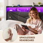 Queen Bed Frame with 2-Tier Storage Headboard, Upholstered Bed Frame Queen Size with 2 Drawers, Charging Station and LED Lights, No Box Spring Needed, Easy Assembly - Dark Grey