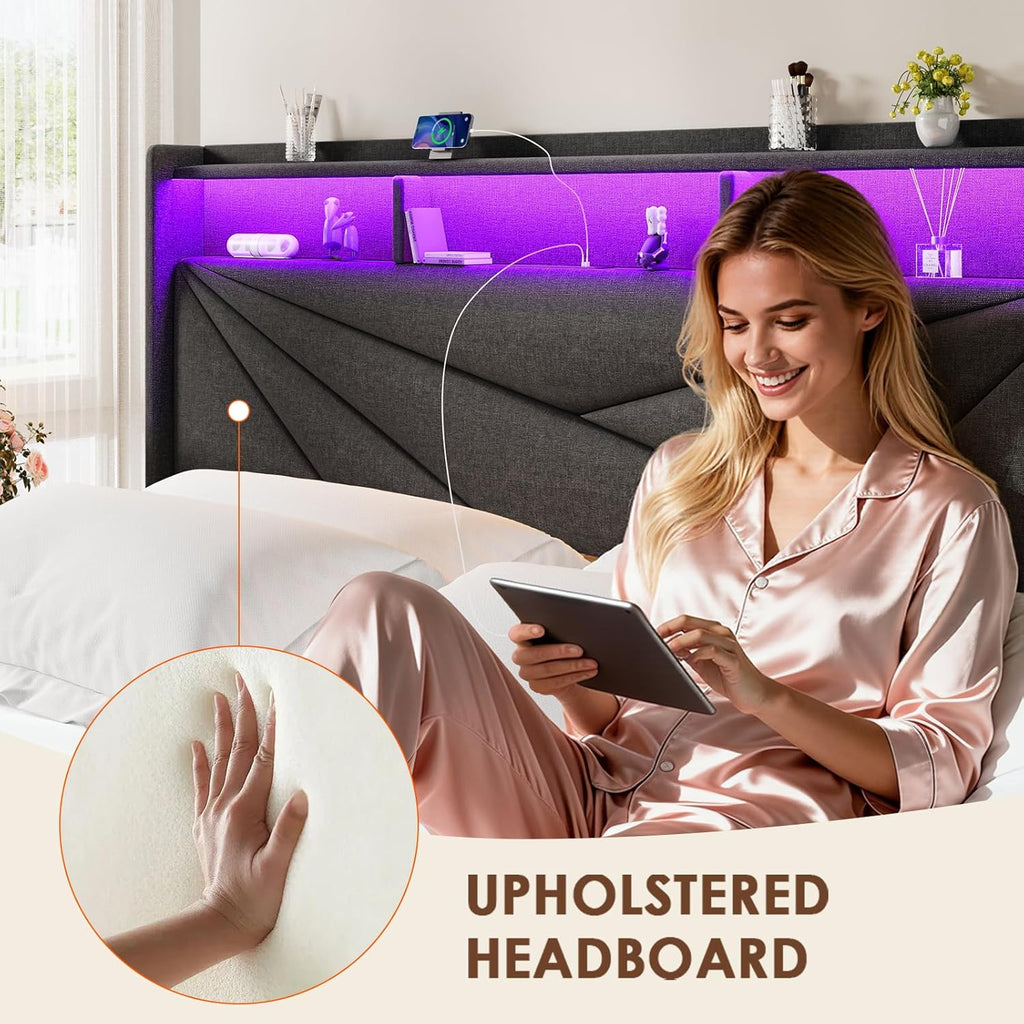 King Size Bed Frame with 2-Tier Storage Headboard, Upholstered King Bed Frame with 2 Drawers, Charging Station and LED Lights, No Box Spring Needed, Easy Assembly - Dark Grey