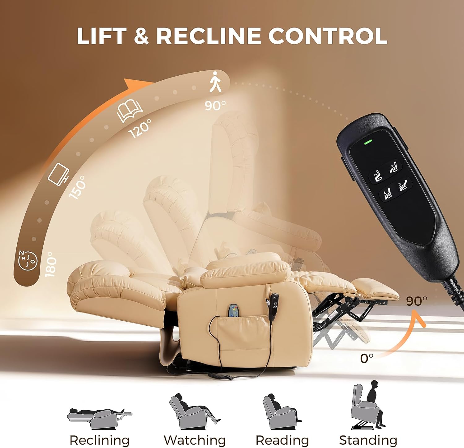 Power Lift Recliner Chair with 8-Point Massage & Heat, Dual Remote, USB/Type-C Ports, Easy-Clean Leather, Width 19.7" (Leather, Beige)