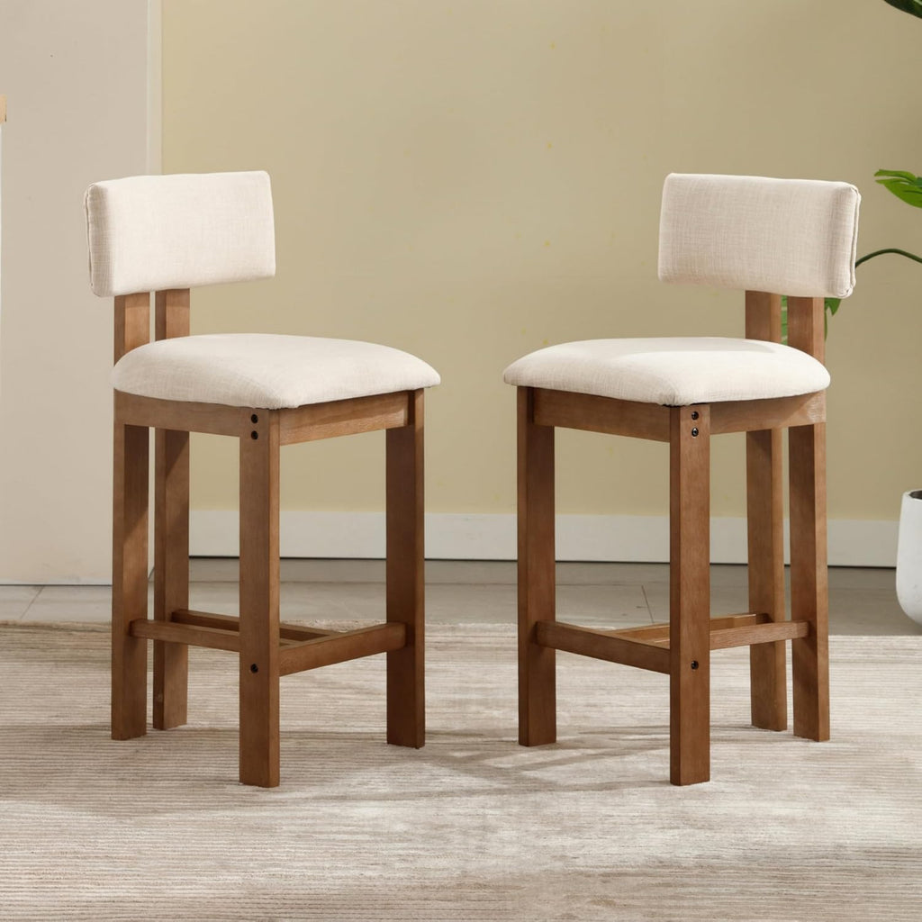 Mid Century Modern 26" Counter Bar Stools Set of 2, Farmhouse Comfy Upholstered Wooden Counter Height Barstools with Footrest for Kitchen Island/Home Bar/Cafe, Linen Beige White