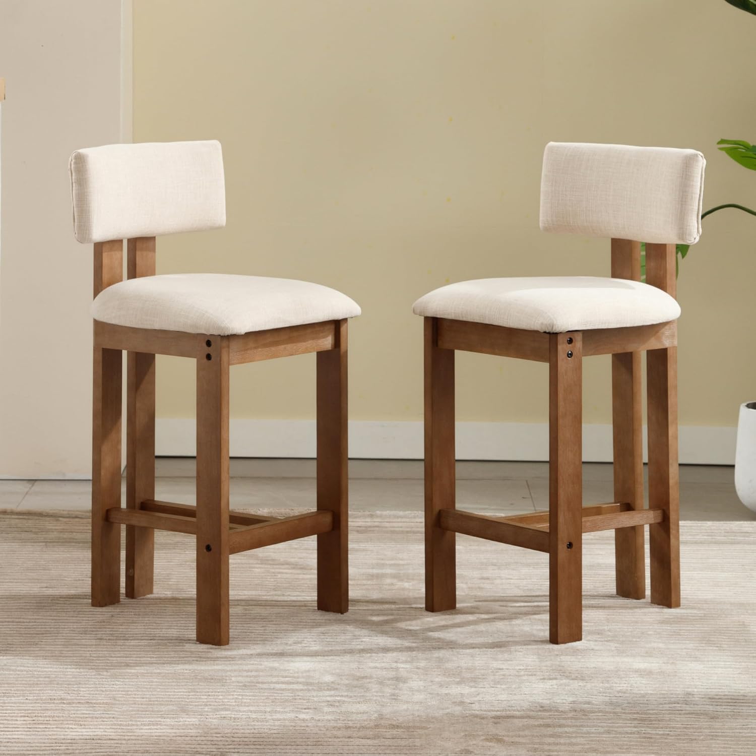 Mid Century Modern 26" Counter Bar Stools Set of 2, Farmhouse Comfy Upholstered Wooden Counter Height Barstools with Footrest for Kitchen Island/Home Bar/Cafe, Linen Beige White