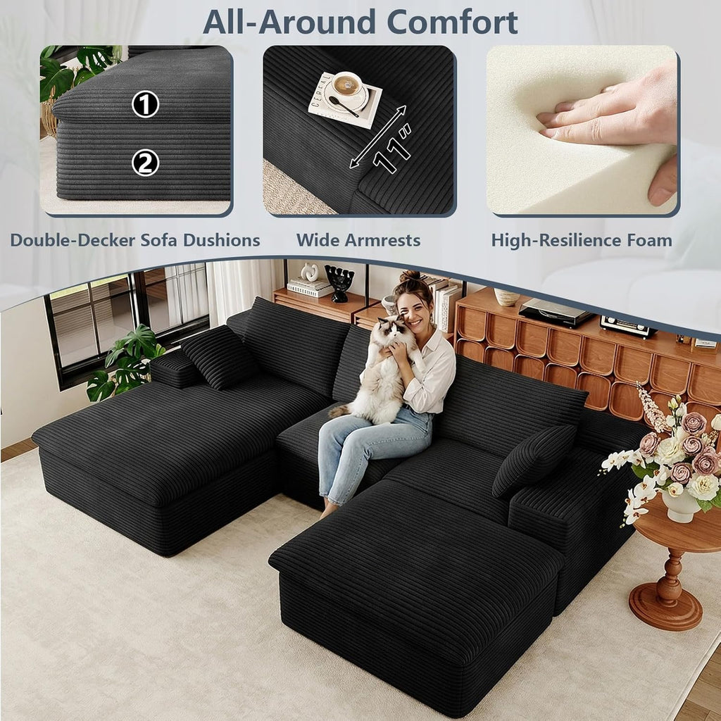 107" Cloud Couch Modular Sectional Sofa for Living Room, U-Shape Boneless Couch with Deep Seat, Modern Upholstered Corduroy 3-Seater with Ottoman, No Assembly Required (Black,Left-Facing Chaise)