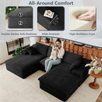 107" Cloud Couch Modular Sectional Sofa for Living Room, U-Shape Boneless Couch with Deep Seat, Modern Upholstered Corduroy 3-Seater with Ottoman, No Assembly Required (Black,Left-Facing Chaise)