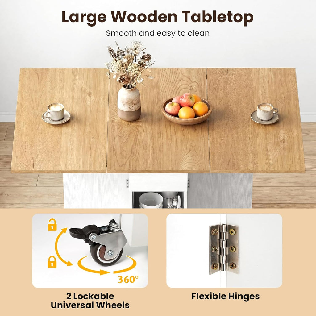 Giantex 47.5" Folding Dining Table for 2-4, Drop Leaf Wooden Dinner Table with 2-Tier Storage Shelf and Drawer, Lockable Wheels, Space Saving Kitchen Tables for Dinette, Small Space (White+Natural)