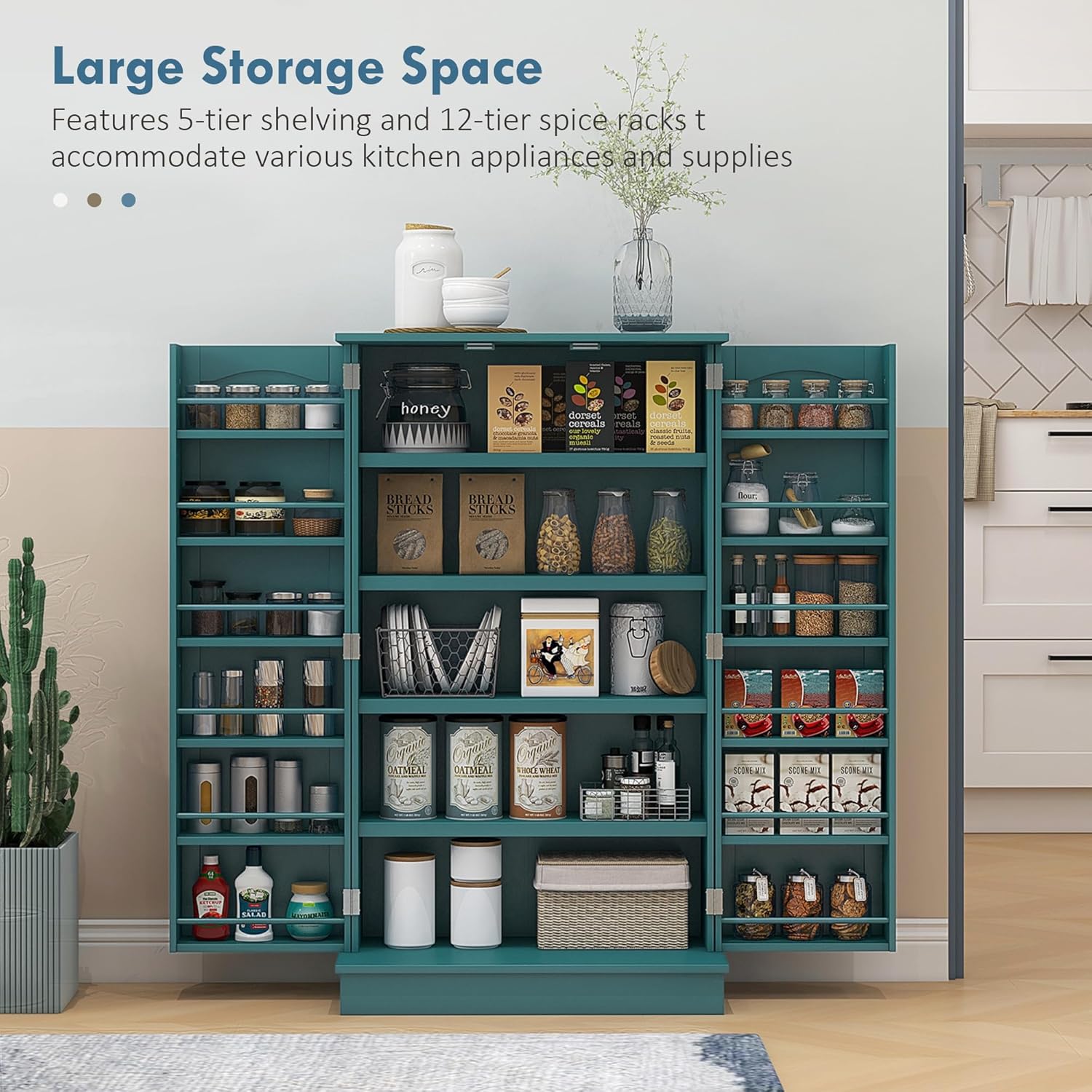 HOMCOM 41" Kitchen Pantry Storage Cabinet, Freestanding Kitchen Cabinet with 12 Door Shelves, Double Doors, 5-Tier Shelving and Adjustable Shelves, Blue