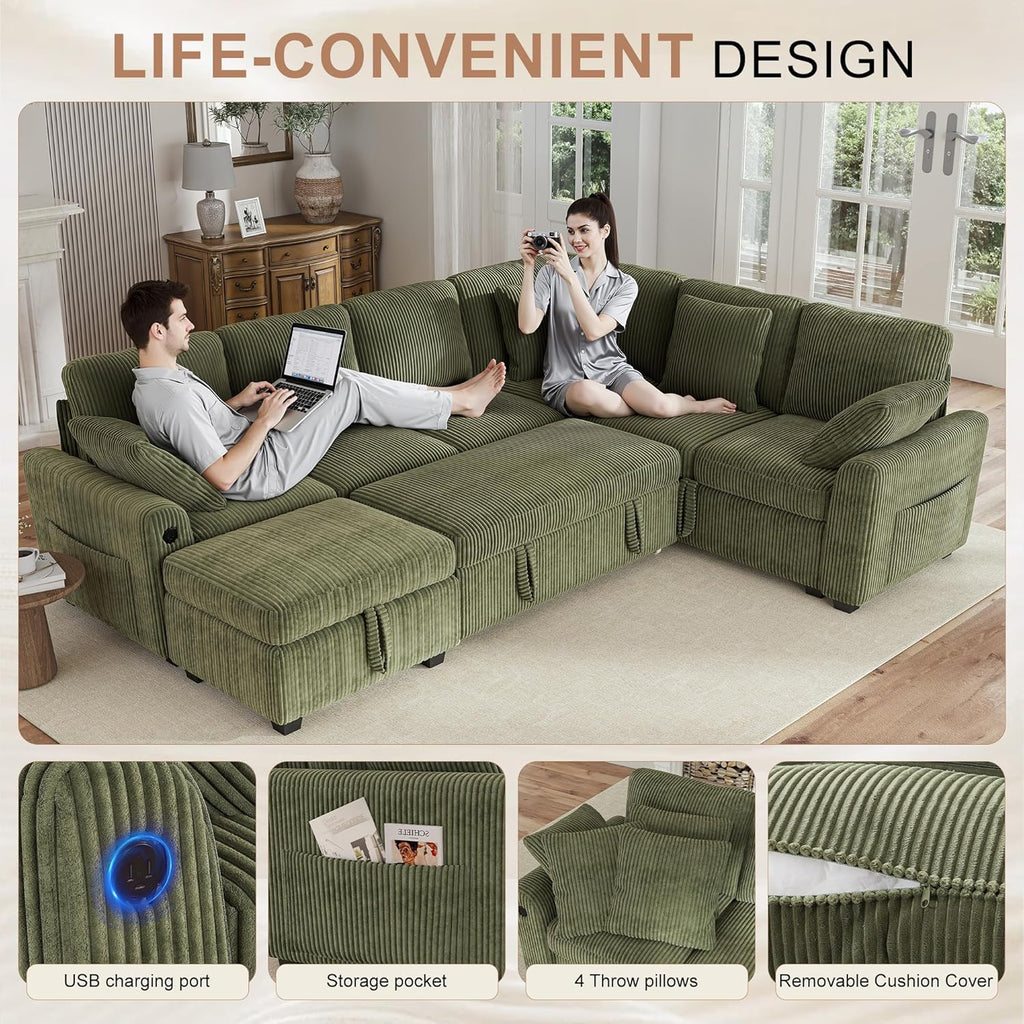 Hanherry Sectional Couch with Pull Out Sofa Bed,Corduroy Sleeper Sofa with Storage Ottoman & USB Charging,Comfy L Shaped Modular Couches for Living Room,Apartment