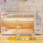 Low Bunk Bed Twin Over Twin with Storage Staircase, RGB LED Lights, Drawers & Shelves, Metal Bunk Beds for Kids with Power Outlet, Double Full-Length Guardrails & Metal Slats for Small Space, White
