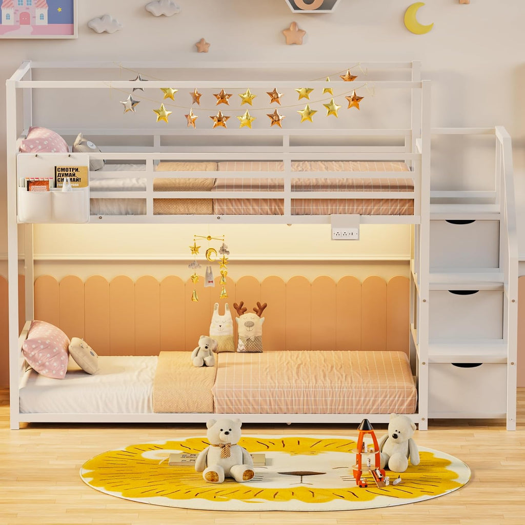 Low Bunk Bed Twin Over Twin with Storage Staircase, RGB LED Lights, Drawers & Shelves, Metal Bunk Beds for Kids with Power Outlet, Double Full-Length Guardrails & Metal Slats for Small Space, White