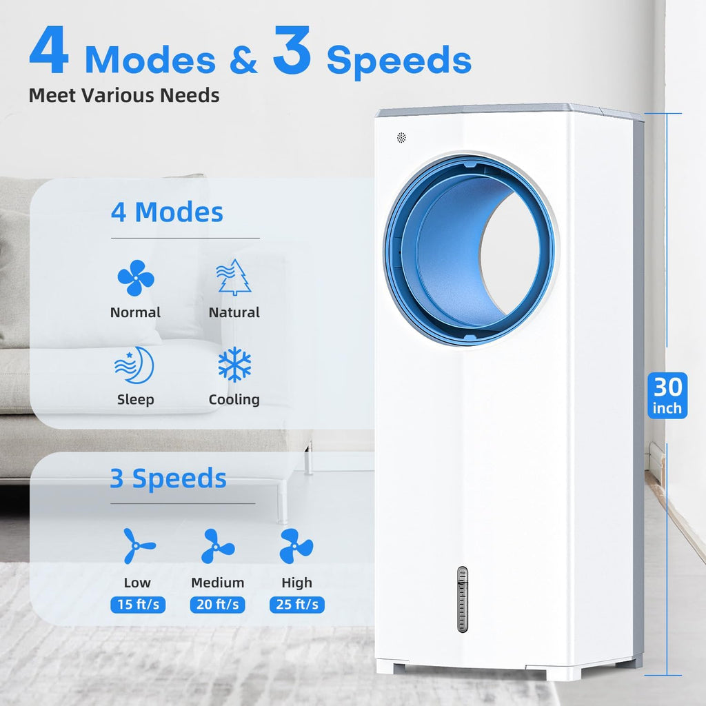 Windowless Portable Air Conditioner, 30" Evaporative Air Cooler w/Dual Tanks for 24H Cooling, 4 Modes & 3 Speeds, 28FT Remote&Timer, 360° Rotation Swamp Cooler Air Conditioner for Bedroom
