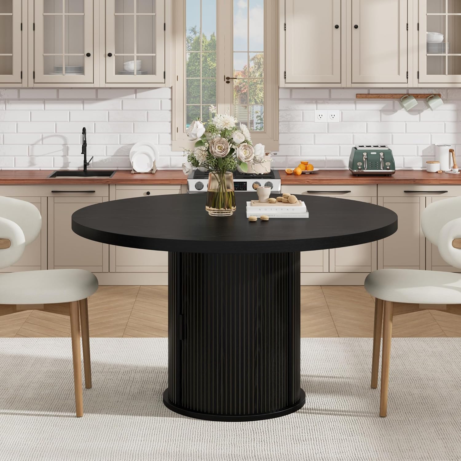 Garvee 47 Inch Round Dining Table for 4, Kitchen Table with 2-Layer Storage Shelf and a Drawer, Farmhouse Circle Dinner Table for Dining Room, Kitchen, Living Room (Table Only), Black