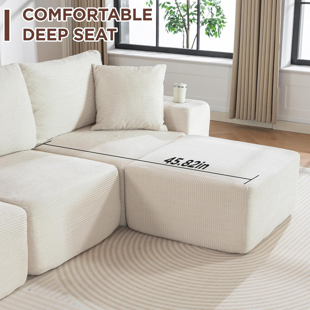 110"Modular Sectional Sofa Couches,Convertible L-Shape Cloud Couch 3 Seat Oversize Chaise with Ottoman,Compressed Foam,Comfy Boneless,Side Pockets,Cup Holders, for Living Room,Apartment,Corduroy Beige