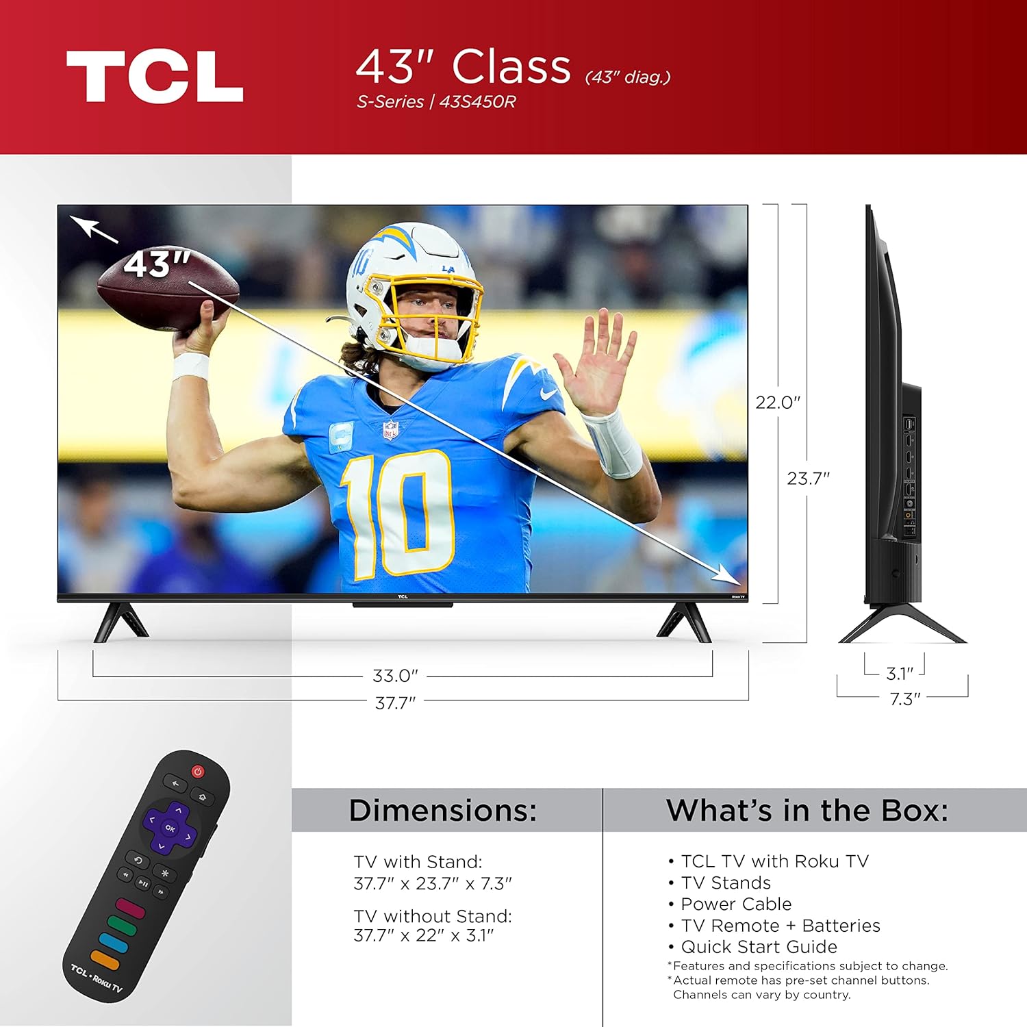 TCL 43-Inch Class S4 4K LED Smart TV with Roku TV (43S450R  2023 Model)  Dolby Vision  HDR  Dolby Atmos  Works with Alexa  Google Assistant and Apple HomeKit Compatibility  Streaming UHD Television