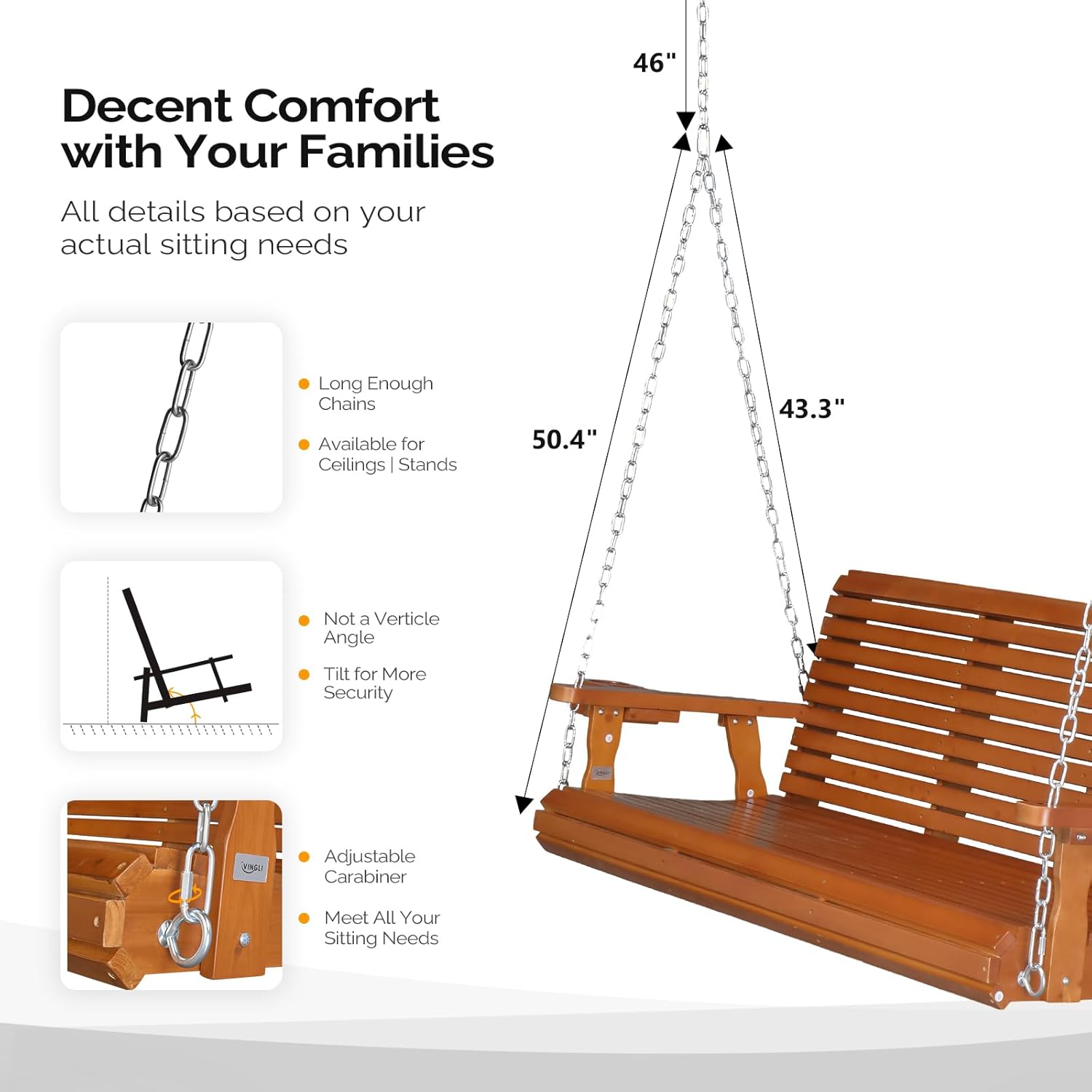 VINGLI XL Size Patio Wooden Porch Swing Outdoor with Cup Holders & Phone Slots  Heavy Duty 880 LBS Hanging Swing Chair Bench with Hanging Chains for Yard  Lawn  Garden (5 FT Pro  Brown)