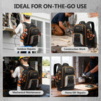Tool Bag Backpack Heavy Duty 1680D Oxford, 75 Pockets & Loops Electrician Backpack, Large HVAC Tool Bags with Hard Bottom, Construction Work Technician Backpacks with 16’’ Laptop Compartment for Men