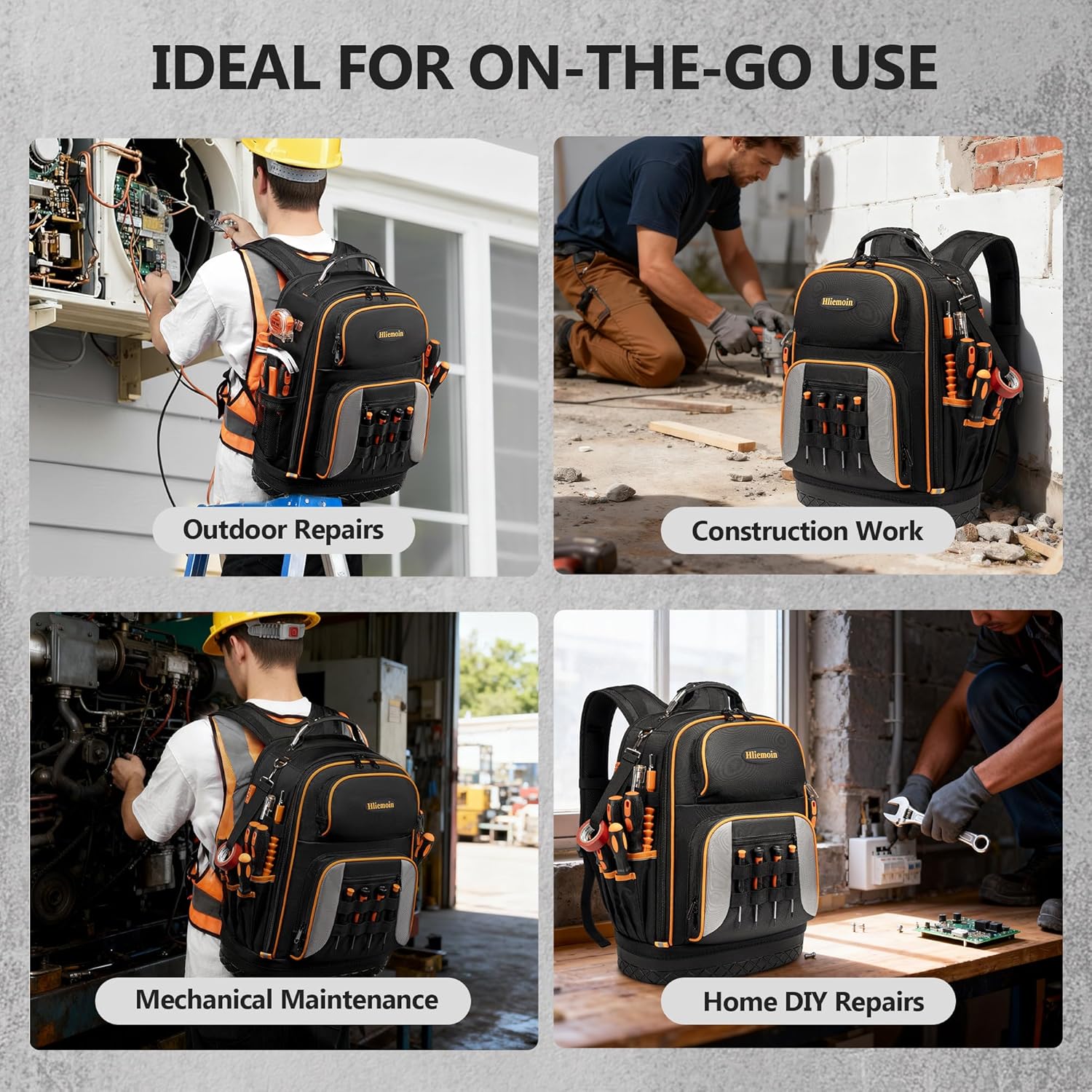 Tool Bag Backpack Heavy Duty 1680D Oxford, 75 Pockets & Loops Electrician Backpack, Large HVAC Tool Bags with Hard Bottom, Construction Work Technician Backpacks with 16’’ Laptop Compartment for Men