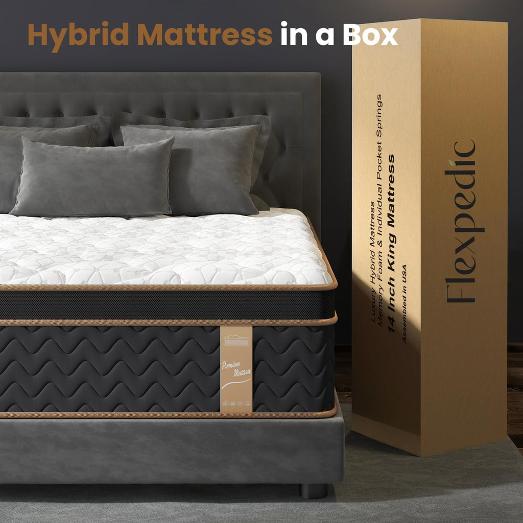 King Mattress 14 Inch, Cooling Hybrid King Mattress in a Box, Individual Pocket Springs-Motion Isolation, Extra Hip/Shoulder/Lumbar Support, Fiberglass-Free,Ergonomic Zones,365-Night Trial,CertiPUR-US