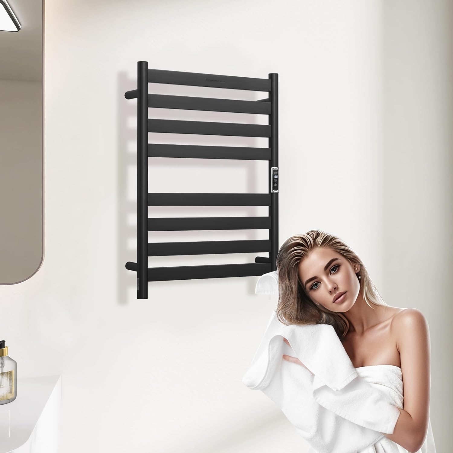 Heated Wall Mounted Electric Towel Warmer Rack,Timer & Temperature Control, 8 Bar Stainless Steel Towel Heater for Bathroom (Black, 8 Bars)
