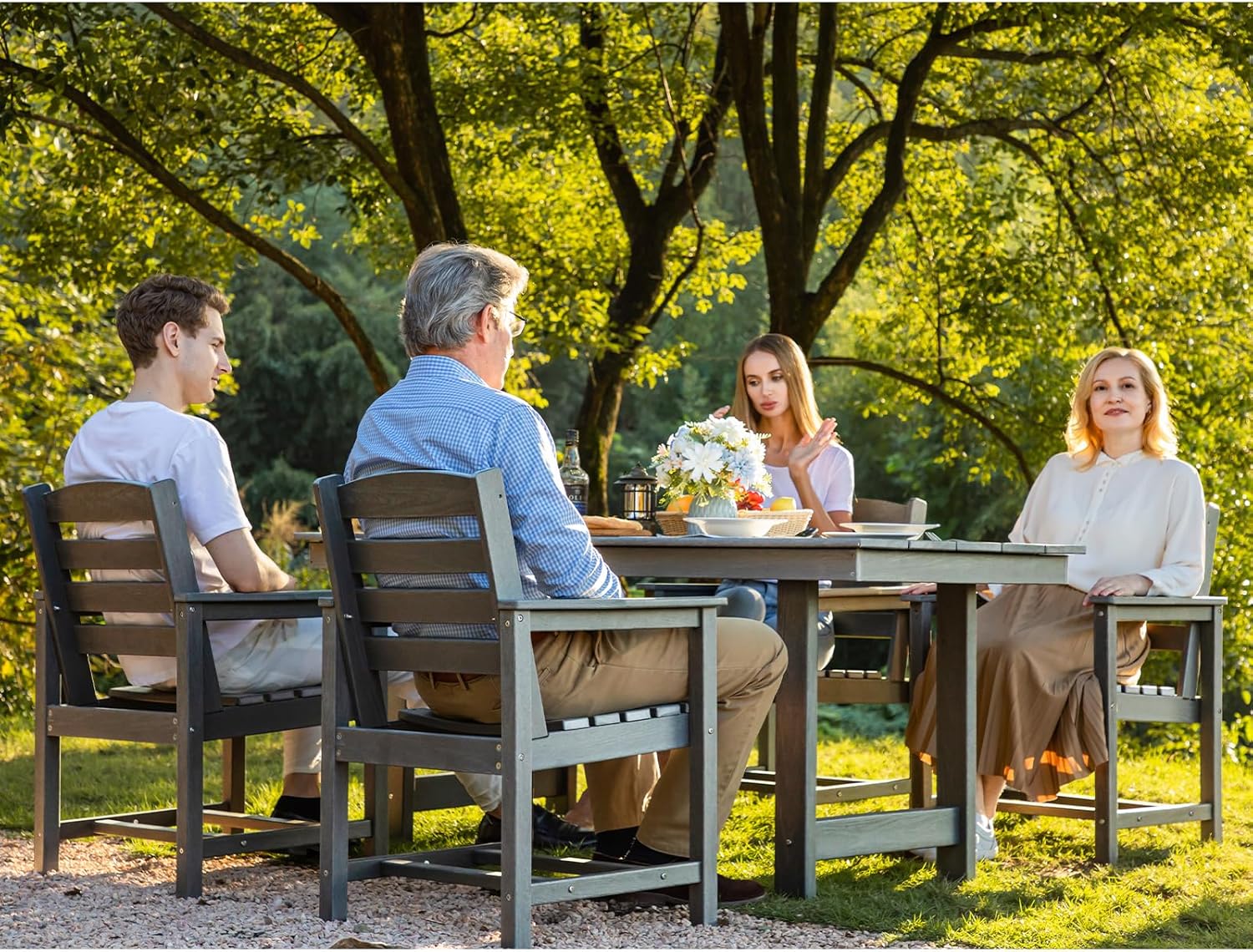 SERWALL Outdoor HDPE Dining Table Set  7-Piece Outdoor Dining Table Sets with Umbrella Hole Cut-Out Table and 6 Chairs  Gray