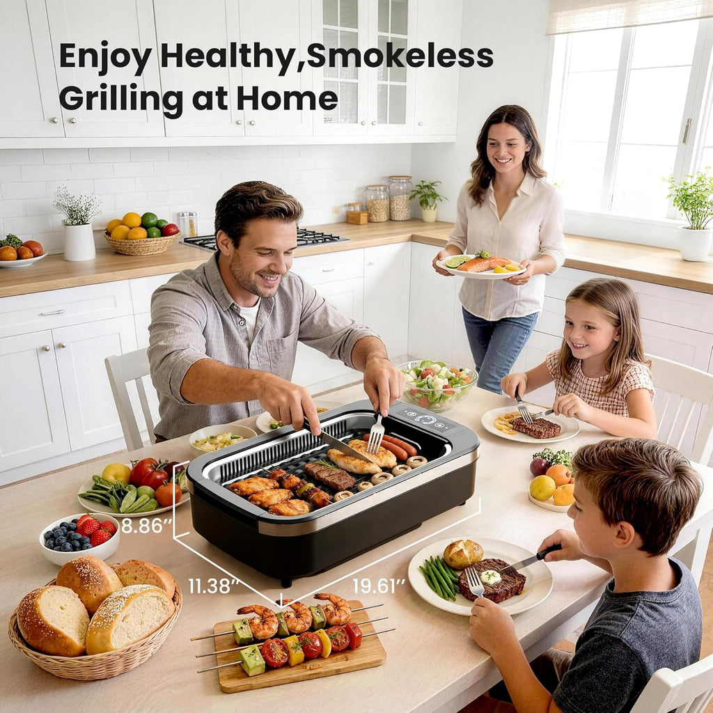 Kismile Smokeless Indoor Grill, 1500W Electric Indoor Grill for Korean BBQ with 6-Level Temp Control, Removable Glass Lid, Non-Stick Grill Plate, Turbo Smoke Extractor, Auto Shut Off & Dishwasher Safe