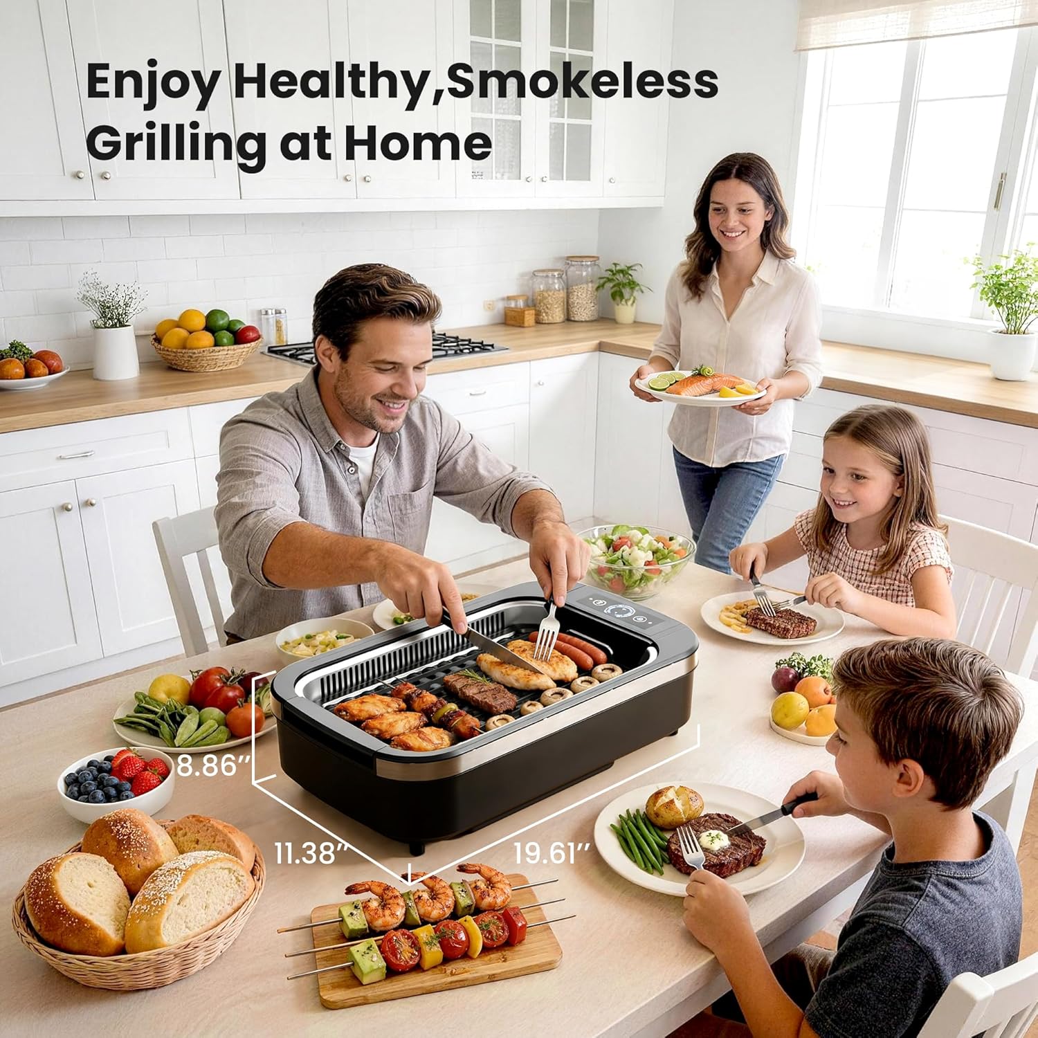 Kismile Smokeless Indoor Grill, 1500W Electric Indoor Grill for Korean BBQ with 6-Level Temp Control, Removable Glass Lid, Non-Stick Grill Plate, Turbo Smoke Extractor, Auto Shut Off & Dishwasher Safe