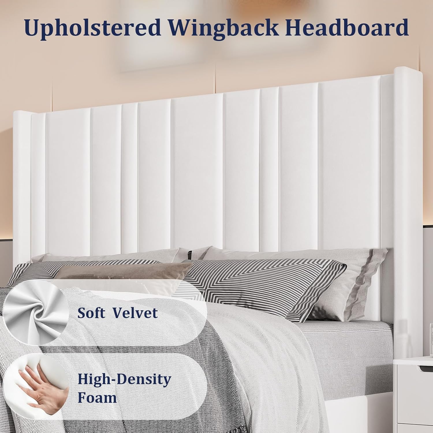 HOMBCK Queen Bed Frame, Upholstered Platform Bed Frame Queen Size with Vertical Channel Tufted Headboard & Footboard, Wingback Design/Noise Free/No Box Spring Needed/Easy Assembly, Cream