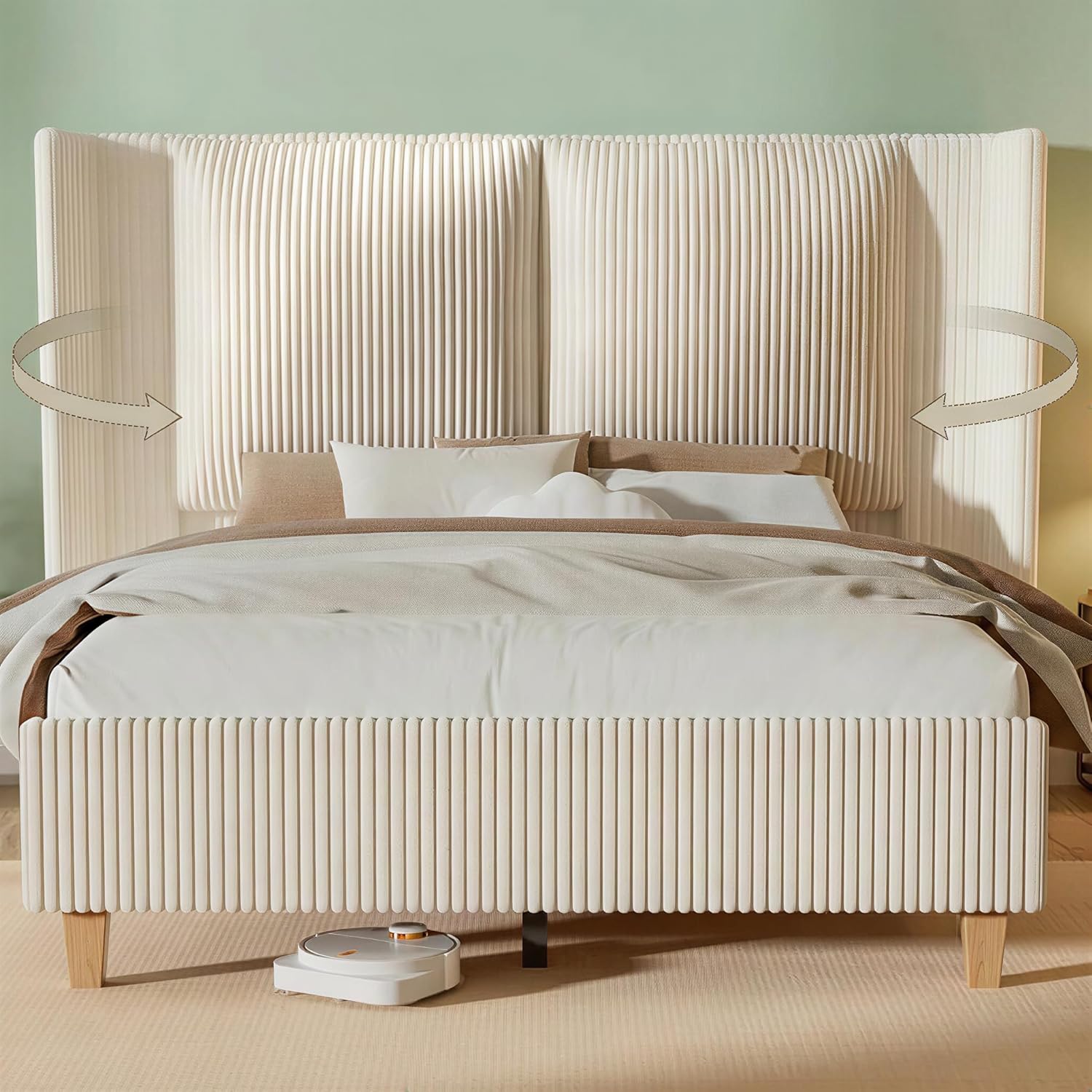 Full Upholstered Bed Frame with 51" Tall Headboard & Widened Corduroy Cushion, Easy Assembly, No Box Spring Needed, Cream