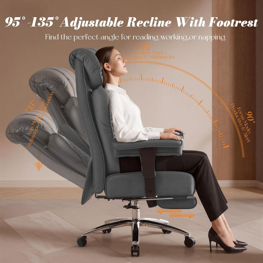 Efomao Big and Tall Office Chair 400lbs - Heavy Duty Executive Desk Chair with Foot Rest & 23" Wide Seat - High Back Ergonomic Leather Computer Chair for Heavy People, Home Office, Grey