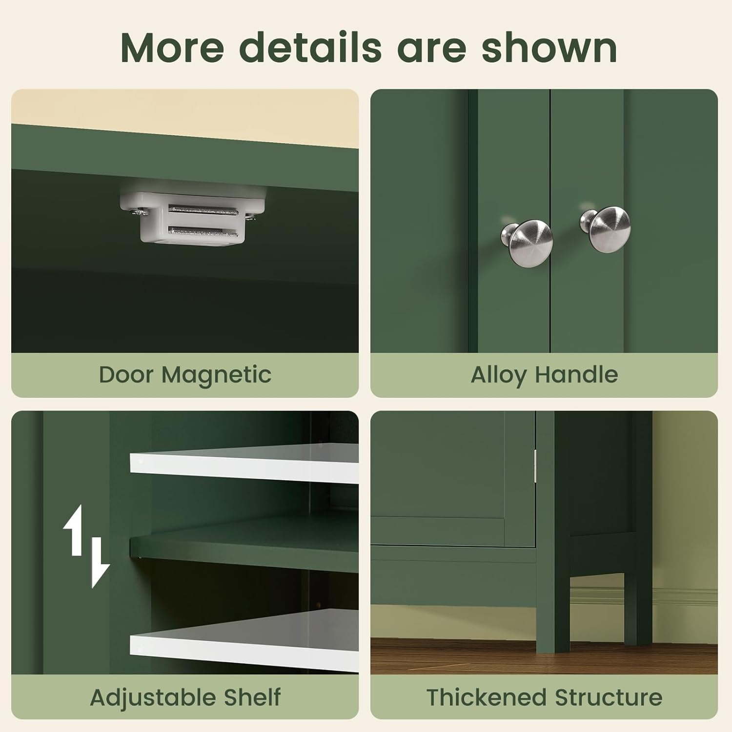 Iwell Bathroom Cabinet, Bathroom Storage Cabinet with 2 Doors & 3 Shelves, 3 Heights Available, for Living Room, Entryway, Home Office, Green