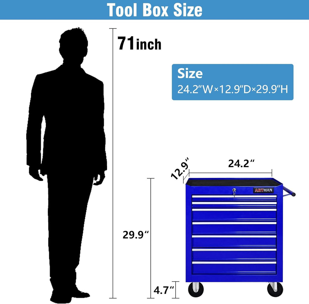 7 Drawers Rolling Tool Cart on Wheels, Multifunctional Organizer Tool Chest Tool Case, Trolley Tool Storage Tool Box for Workshop,Garage,Repair Shop (7 Drawers 24.2" W×12.9" D×29.9" H-Blue)