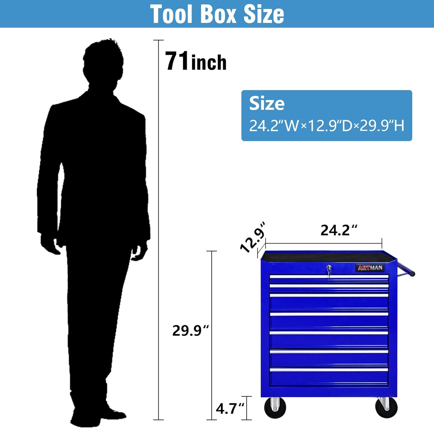 7 Drawers Rolling Tool Cart on Wheels, Multifunctional Organizer Tool Chest Tool Case, Trolley Tool Storage Tool Box for Workshop,Garage,Repair Shop (7 Drawers 24.2" W×12.9" D×29.9" H-Blue)