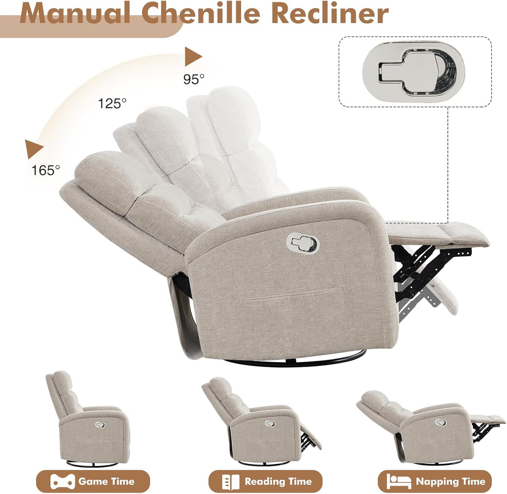 Swivel Rocker Recliner Glider Rocking Chair Nursery, Manual Swivel Recliner Chairs for Living Room, Camel Nursery Rocking Chairs Recliner, Chenille Fabric