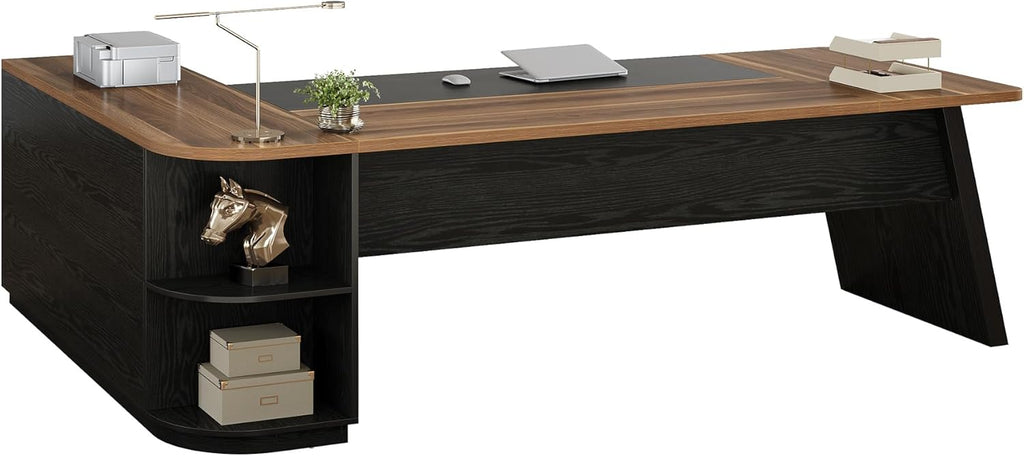 Tribesigns 79-Inch Executive Desk, Large Office Desk with Cabinet, L-Shaped Compter Desk with Storage Shelves, Writing Table for Home Office, Brown and Black