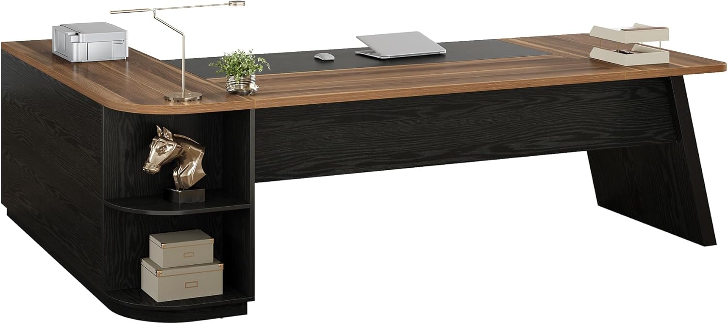 Tribesigns 79-Inch Executive Desk, Large Office Desk with Cabinet, L-Shaped Compter Desk with Storage Shelves, Writing Table for Home Office, Brown and Black