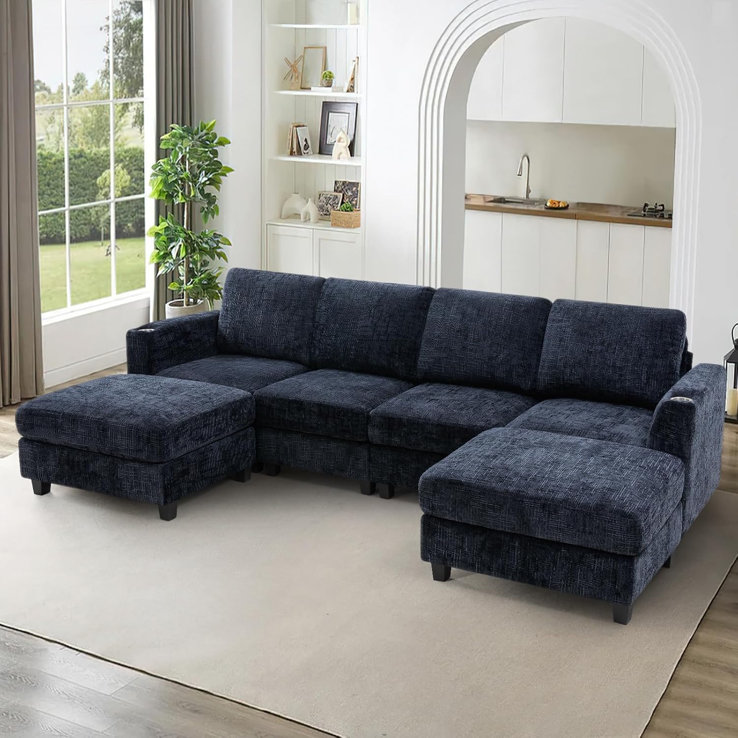110" Chenille U-Shape Sofa with Flexible Ottomans, Comfy Sectional Sofa with 2 Built-in Cup Holders, Convertible 4 Seats Couch with Well-Filled Back Cushions for Living Room, House, Blue