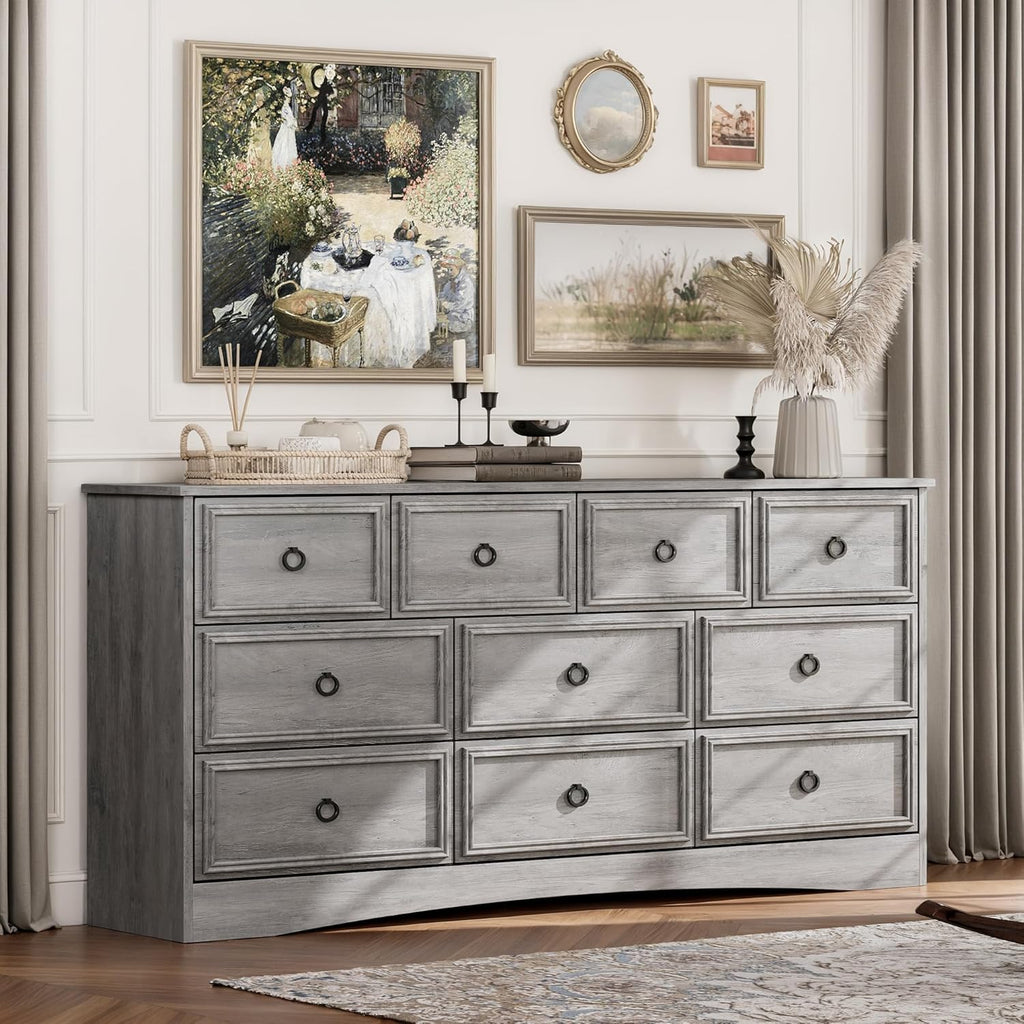 Grey 10 Drawer Dresser & TV Stand, 59" Large Dresser for Bedroom, Wooden Chests of Drawers, Rustic Storage Dressers Organizer for Bedroom, Hallway