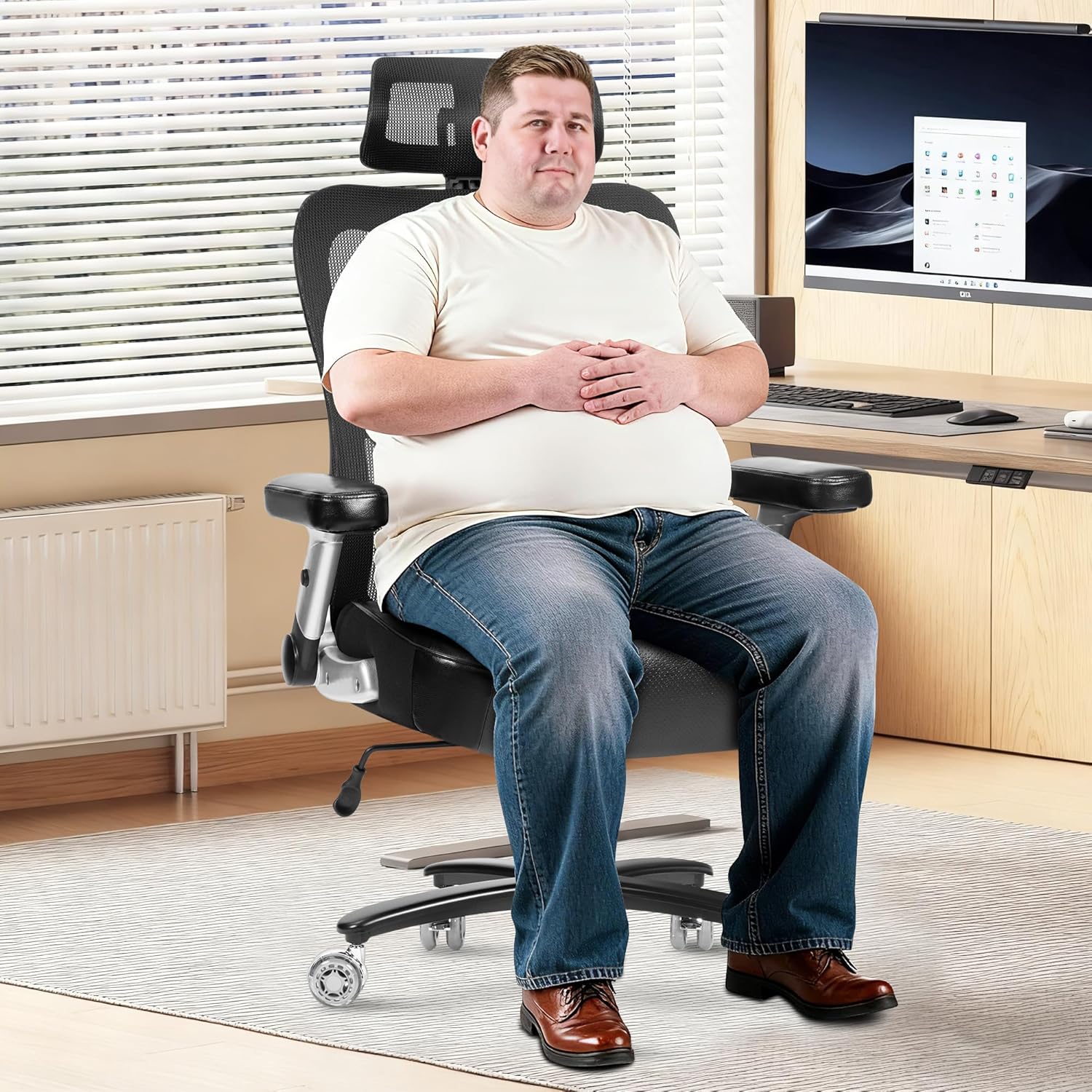 Super Big and Tall Office Chair 700lbs- Heavy Duty Executive Computer Chair with Rubber Wheels 3D Flip Arms, Ergonomic Mesh High Back Desk Chair, Extra Wide Seat Adjustable Lumbar Support & Headrest