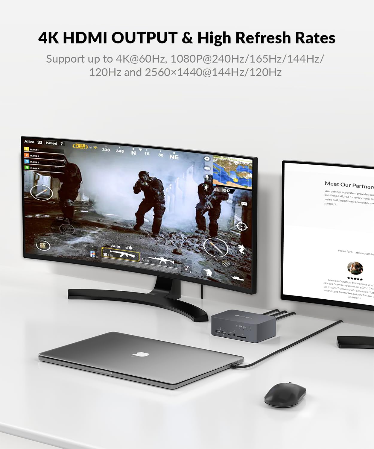 AV Access Docking Station Dual Monitor  KVM Switch 2 Monitors 2 Computers (Laptop & Desktop)  USB-C Charge & Ethernet for Laptop  EDID  4K@60Hz Dual HDMI Output  120W Power Adapter  5xUSB  Audio  SD