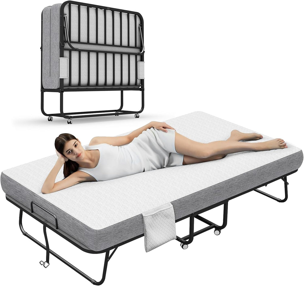 Large Folding Bed with Mattress, 75''x46'' RollAway Bed for Guest, Extra Wide and Comfortable Sleep