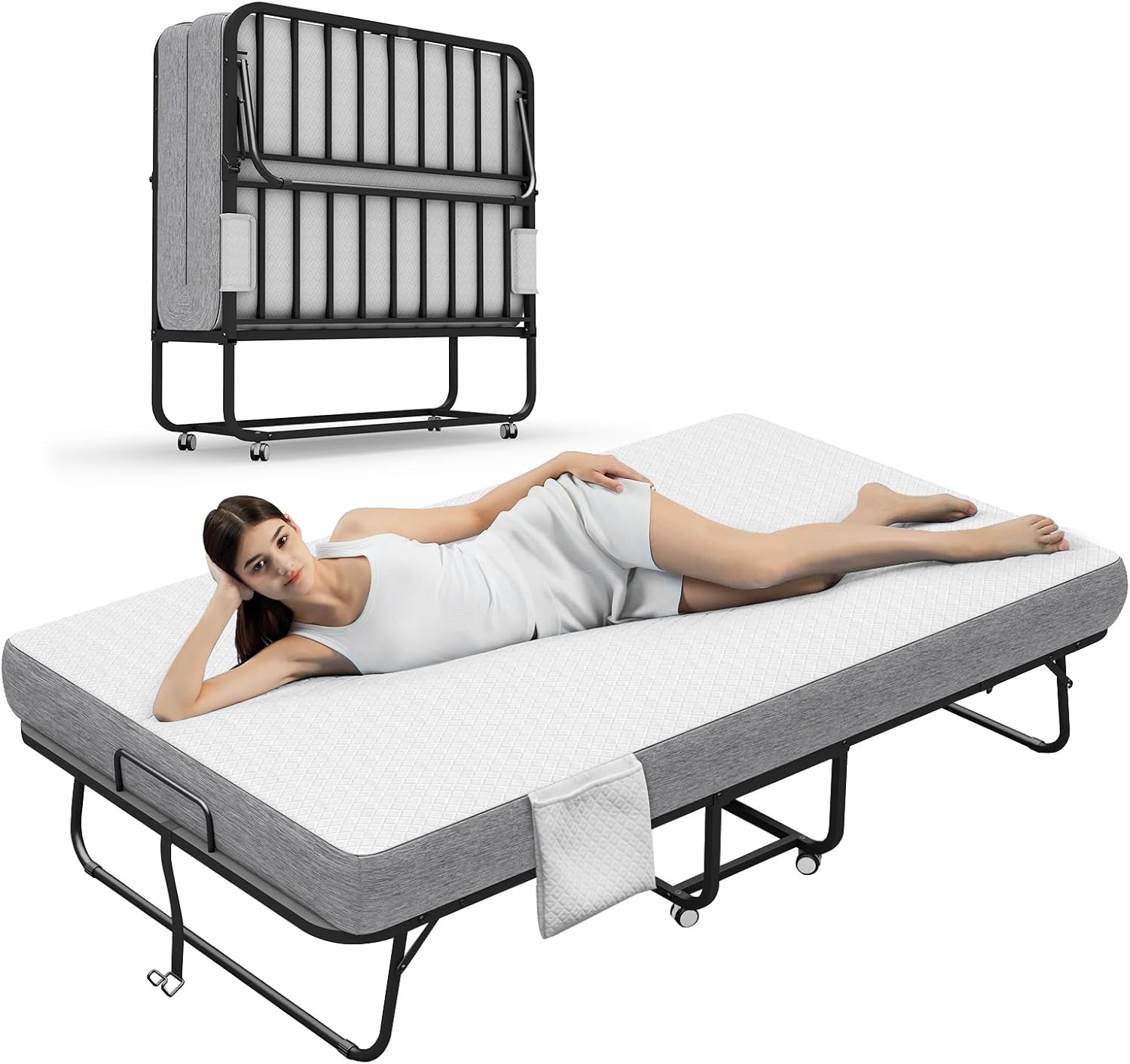 Large Folding Bed with Mattress, 75''x46'' RollAway Bed for Guest, Extra Wide and Comfortable Sleep