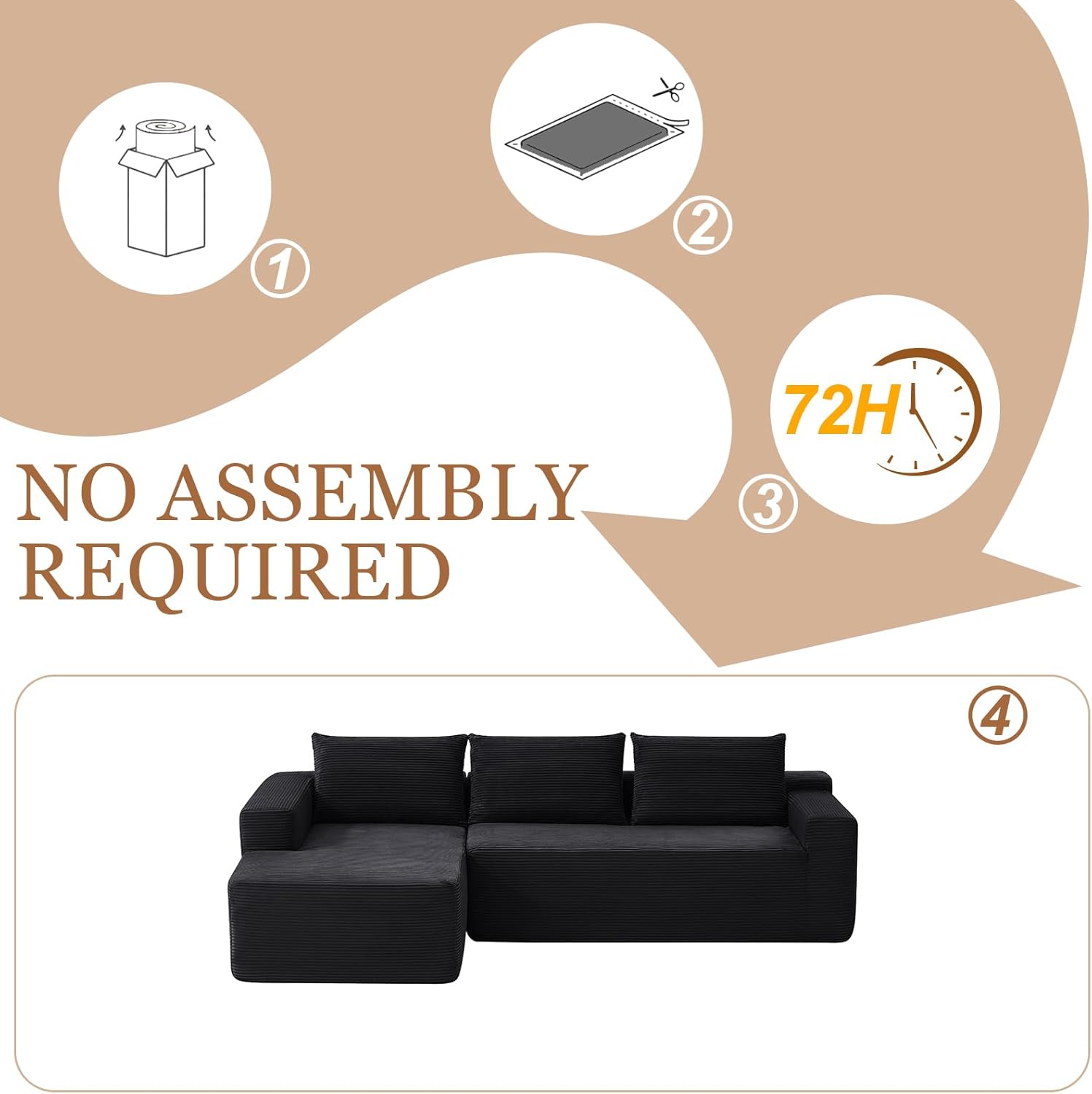 97" Cloud Sectional Couch, Modular Boneless Couch with L-Shape Chaise, Modern Sectional Sofa with Deep Seat Corduroy Corner Foam Cloud Sofas for Living Room,No Assembly Required (Black, Left Chaise)