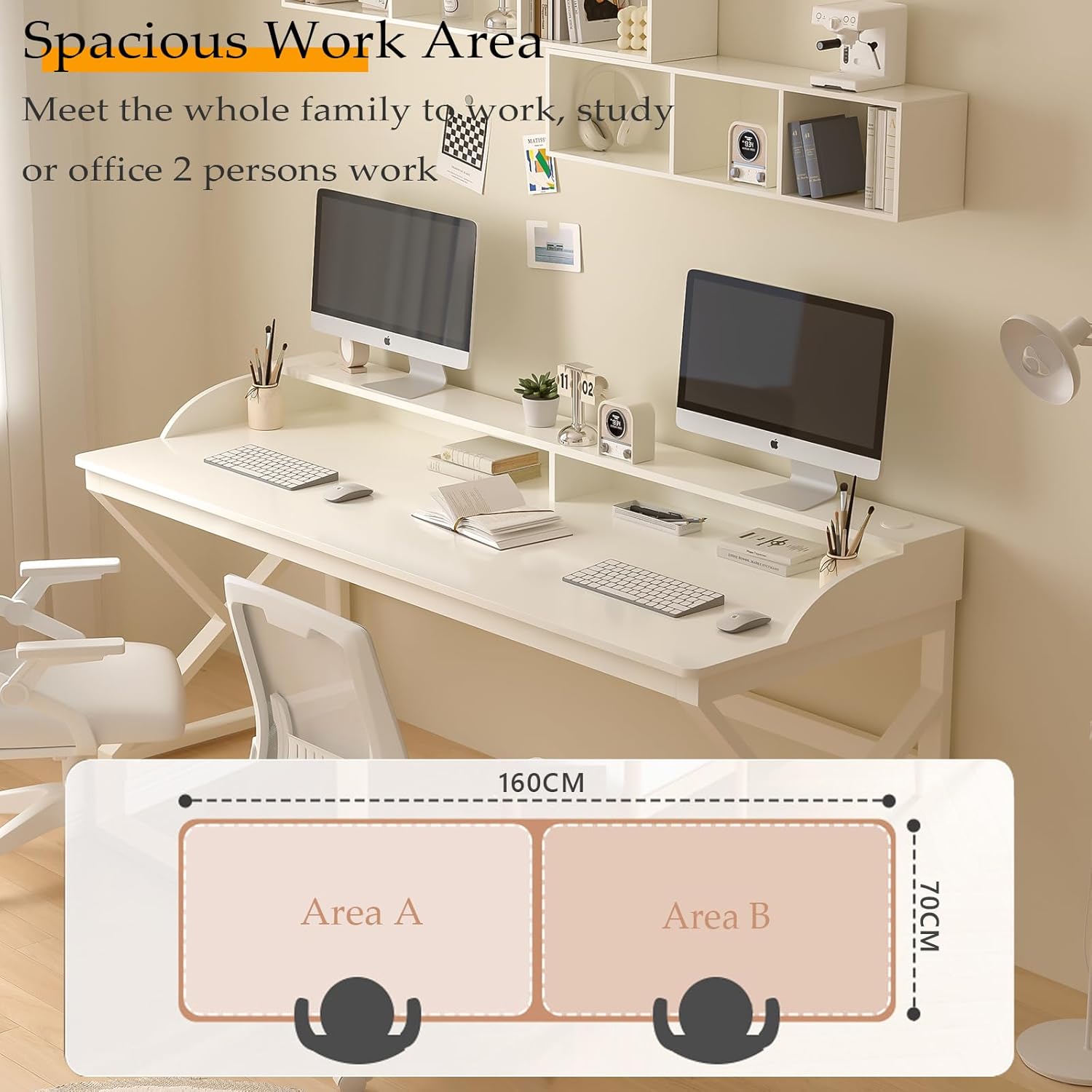 Long Desk with Monitor Stand - 63" Double Long Computer Table for 2-Person Workstation, Large Writing Study Work Desk for Home and Office, White