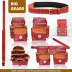 Professional 11 Pockets Leather Tool Pouch Bags/Carpenter Tool Belt Set | Heavy-duty Drywall Pouch, Electrician Pouch, And Framing Tool Belt Pouches (Maroon, Standard)